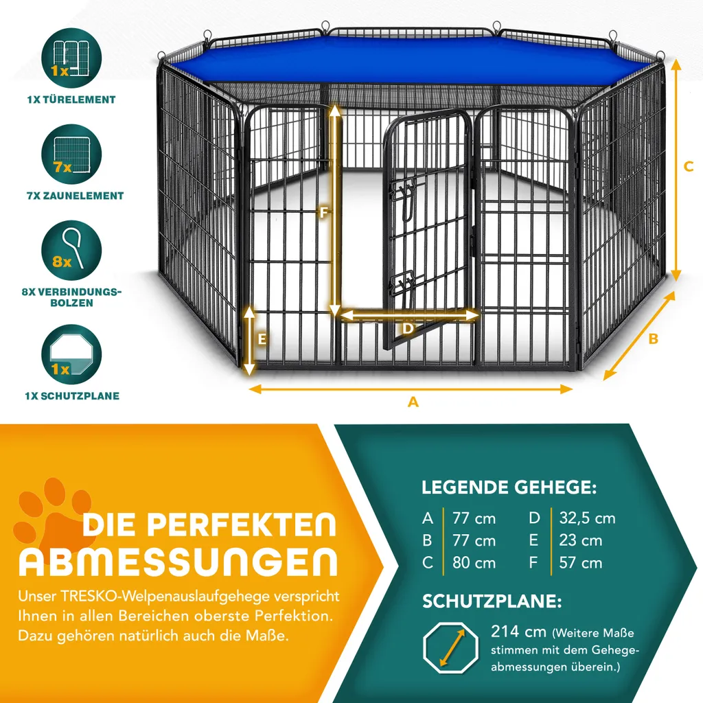 TRESKO® Box per cuccioli alto 60 cm con tetto e ancoraggi a terra | pista per cuccioli 8 pezzi | box per cani pieghevole con porta | montaggio senza attrezzi | box per animali per cani resistente alle intemperie 8 pezzi - 8