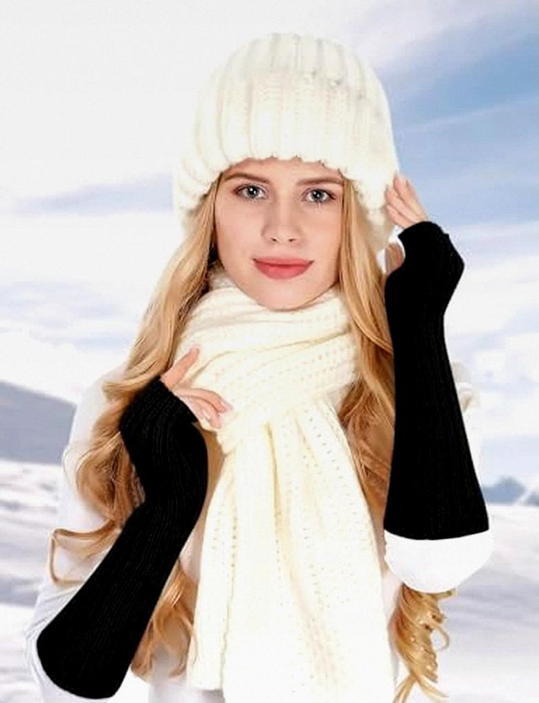 2 Paar Lange Fingerlose Handschuhe, Winter Pulswärmer Unisex, Strick Handstulpen für Damen