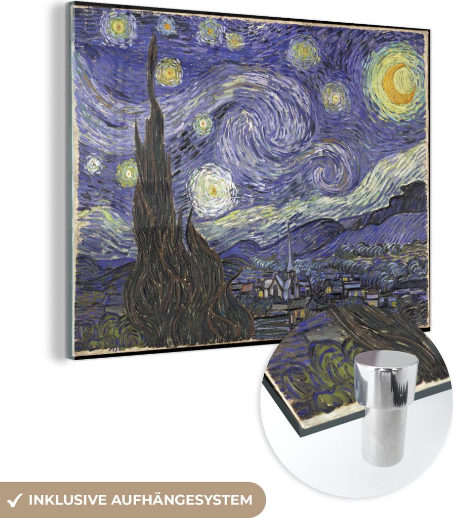 MuchoWow Glasbilder - Bilder auf Wandbild - Foto auf Glas Sternennacht - Vincent van Gogh 80x60 cm Wanddekoration aus Glas - Acrylglasbild - Acrylb...