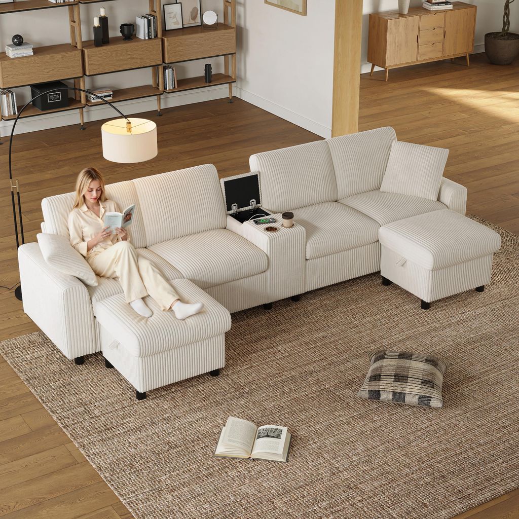 Merax U-Form Ecksofa mit 2 Hockern, USB-, Type-C, Couchtisch & Becherhaltern, 2 Kissen,4-Sitzer Sofa mit Bettkasten, Couch, Cord Stoff, Beige