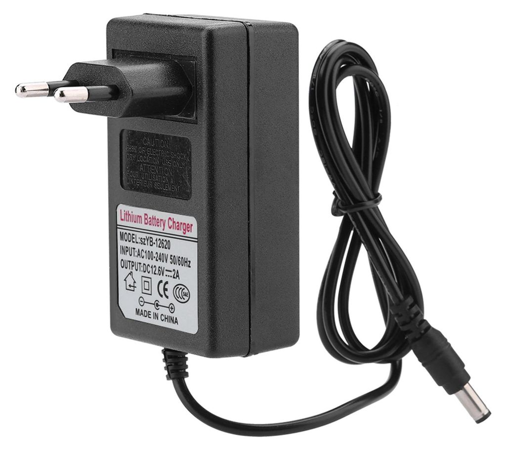 A black lithium battery charger with a European plug and a coiled cable.