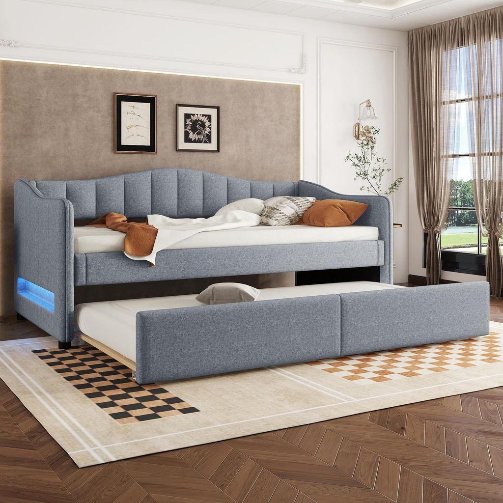 Merax Tagesbetten 90x200 cm, mit Ausziehbett 90x200 cm, LED-Lichtleisten, Daybet, Schlafsofa, Kinderbett, Jugendbett, Gästebett, Linen, Grau