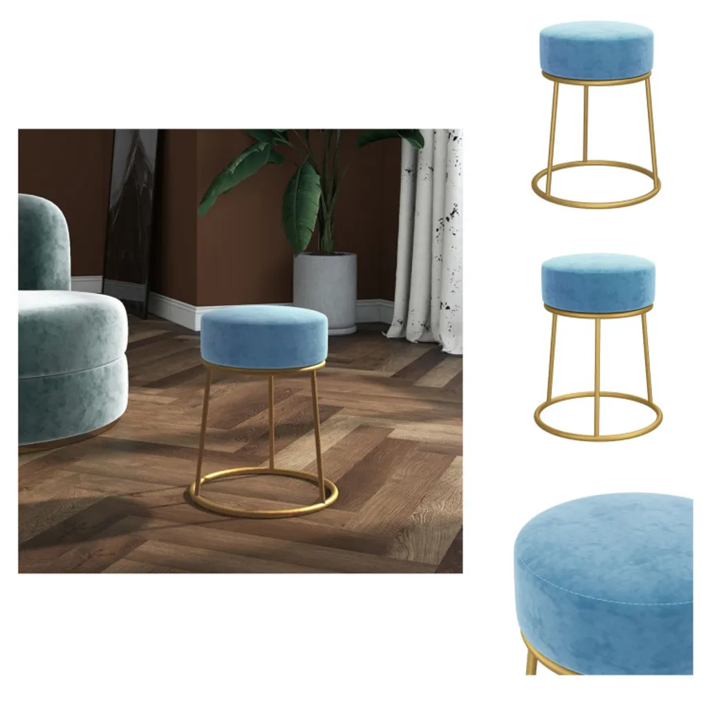 Tabouret rond bleu clair velours - Siège gain de place pour petits espaces