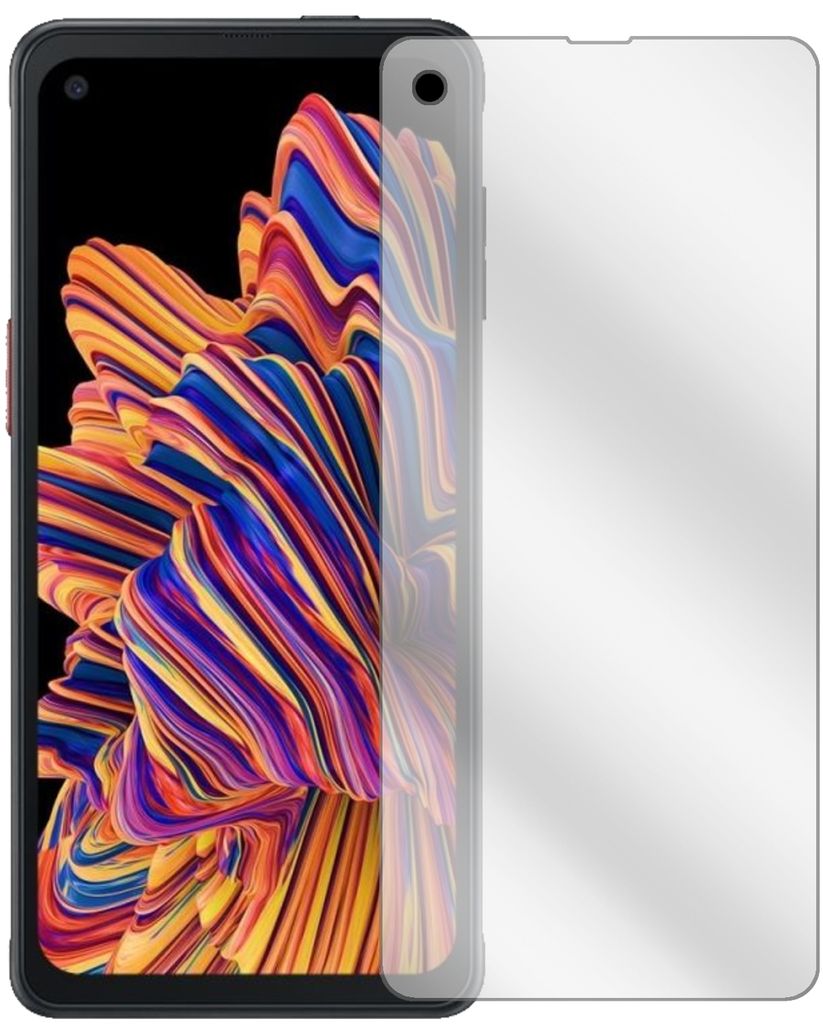 A smartphone with a colorful abstract wallpaper is shown next to a clear screen protector.