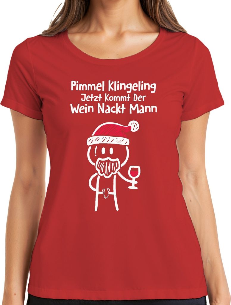 Jetzt kommt der Wein Nackt Mann Lustiger Weihnachtsspruch - Weihnachten Weihnachtsgeschenk Christmas Damen T-Shirt, Rot, M