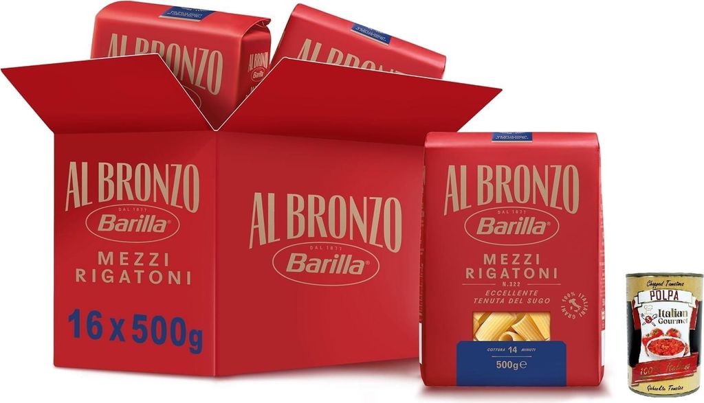 Barilla Pasta Al Bronzo Mezzi Rigatoni 100% italienischer Weizen, Bronze -Zeichnungsnudeln mit roher Bronzeverarbeitung, oft und volles Format, 16x...