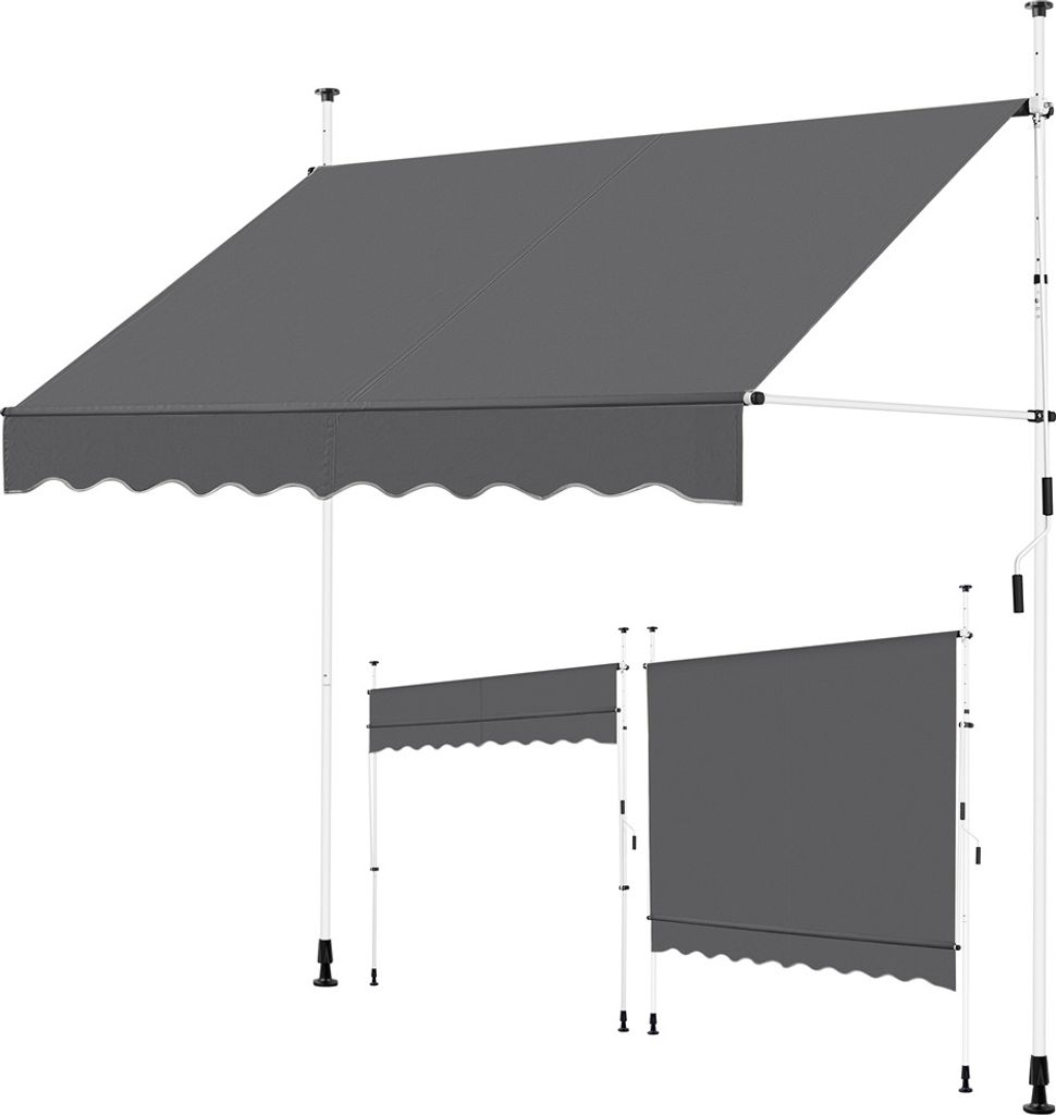 A dark gray awning is shown in a studio setting with a white background. The awning is extended and supported by white poles. Smaller, retracted awnings are shown in the foreground.