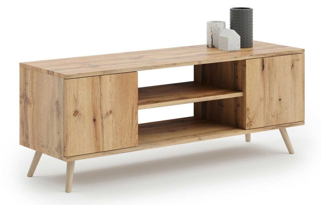 Skandinavischer TV-Schrank FOCUS 155 | Goldenes Eichenholz, 18 mm Laminatplatte, mit leisen Schließsystem und Holzbeinen | Für Fernseher bis 65 Zoll