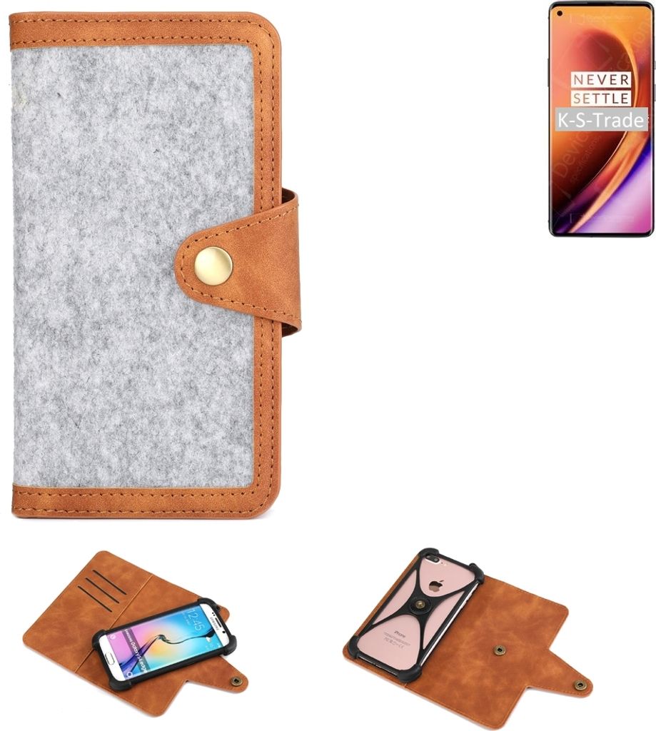 K-S-Trade Handyhülle kompatibel mit OnePlus 8 Pro Schutzhülle Filz-Hülle Kunst-Leder hellgrau braun (1x)