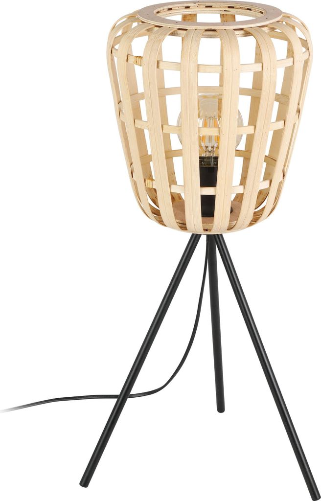 EGLO Tischlampe Montezuelo, Stativ Nachttischlampe Boho Style, Dreibein Tischleuchte aus Bambus in Natur und Metall in Schwarz, Deko Lampe mit E27