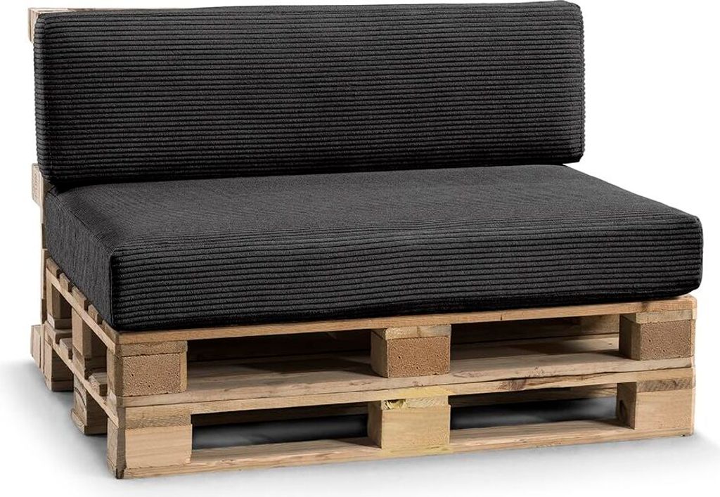 A sofa cushion set made from pallets and black fabric.