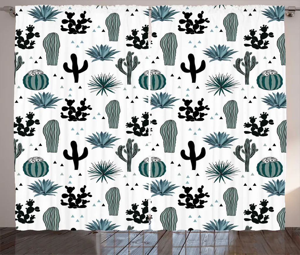 Rideau Cactus Boho Cacti Plants avec Boucles et Crochets, Bleu et Gris