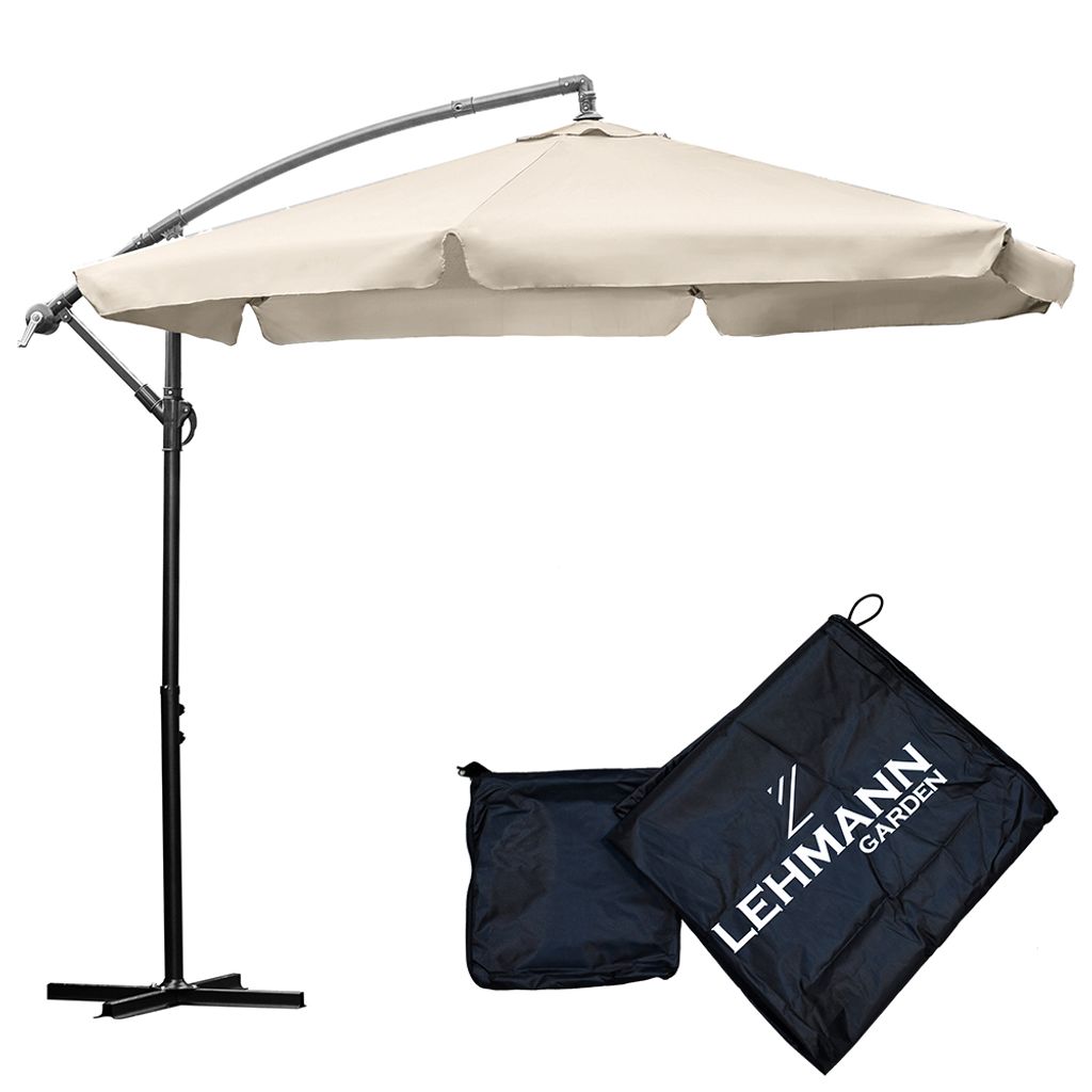 A beige cantilever umbrella with a black stand and a black carrying bag.