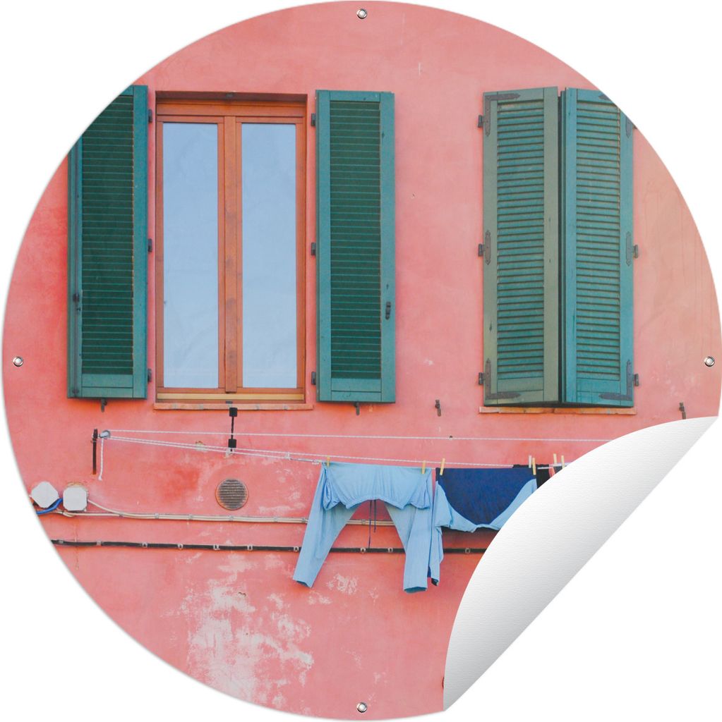 MuchoWow Gartenposter Outdoor-Poster Rund Grüne Fensterläden an orangefarbener Wand mit Wäscheleine Ø 60 cm Gartendeko Rundes Poster draußen