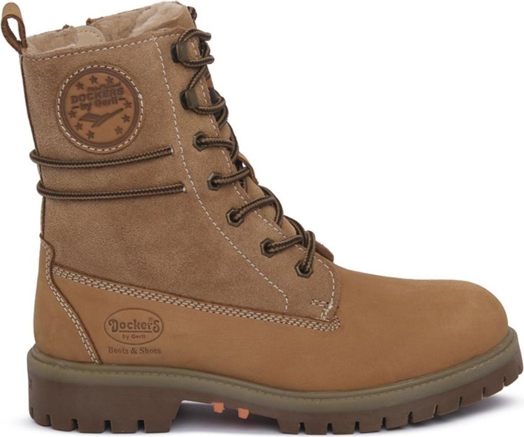 A side view of a brown lace-up boot.