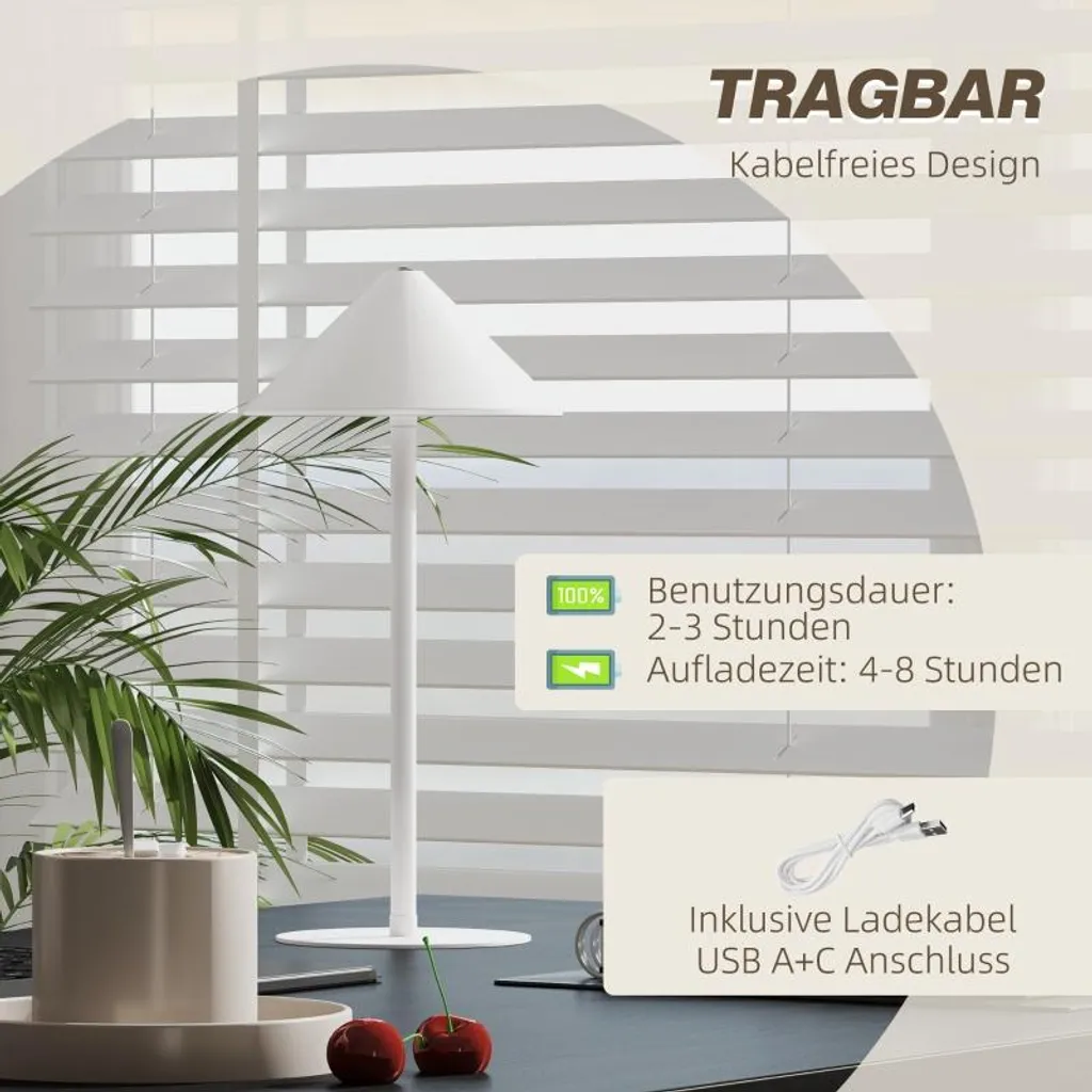 Lampe de Table Blanche Rechargeable USB A+C avec 3 Modes de Luminosité