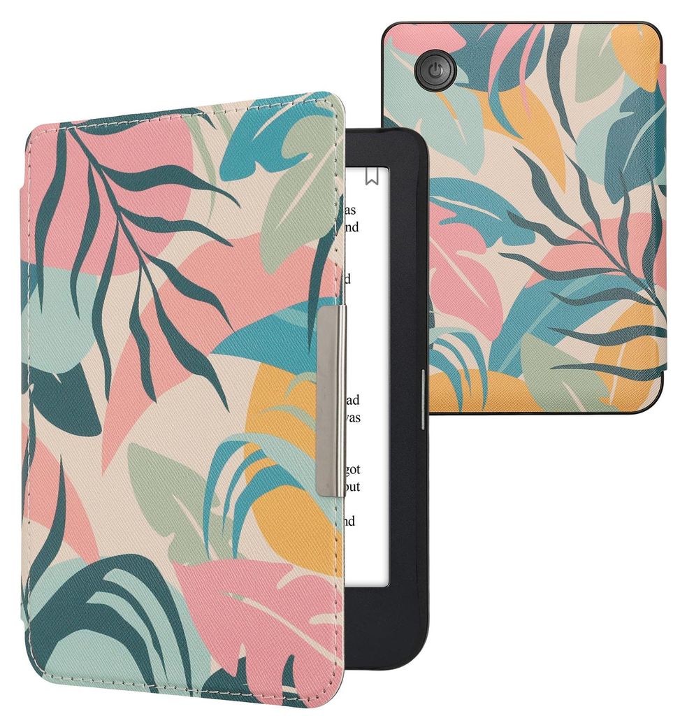 kwmobile Schutzhülle für Kobo Clara 2E / Tolino Shine 4 Hülle - eReader Flip Case mit Auto Sleep Funktion - Tropischer Dschungel mit Rosa Gelb G...