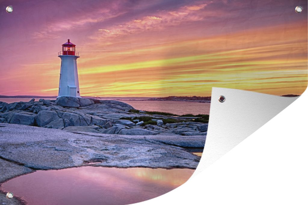 MuchoWow 90x60 cm Outdoor-Poster Gartendeko Sichtschutz Garten Poster für den Garten Leuchtturm bei Sonnenuntergang in Nova Scotia
