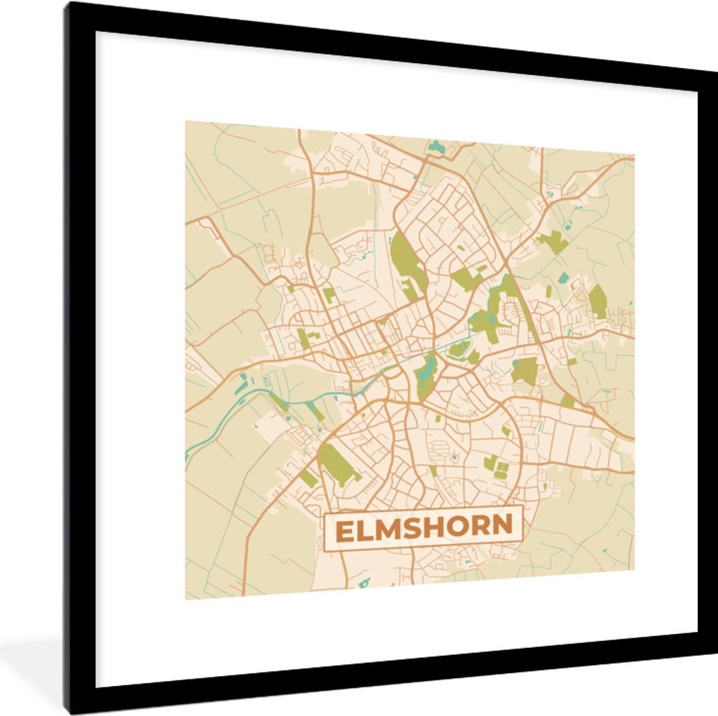MuchoWow Gerahmtes Poster Karte - Elmshorn - Stadtplan - Vintage 40x40 cm - Poster mit Schwarzem Bilderrahmen Wandposter Rahmen Foto Bilder - Pos...