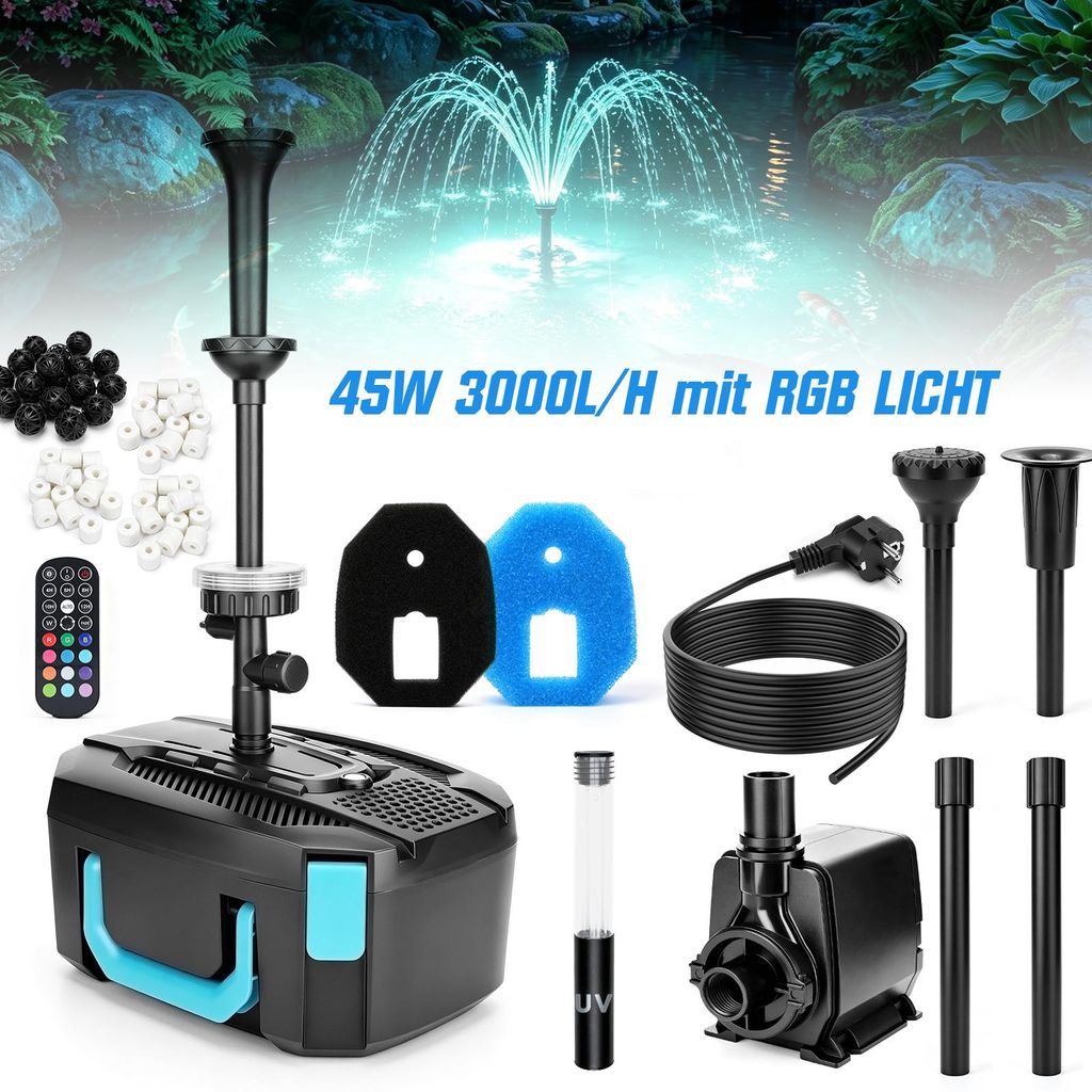45W 3000L/H Springbrunnenpumpe mit UVC-Klärer & RGB Produktbild 