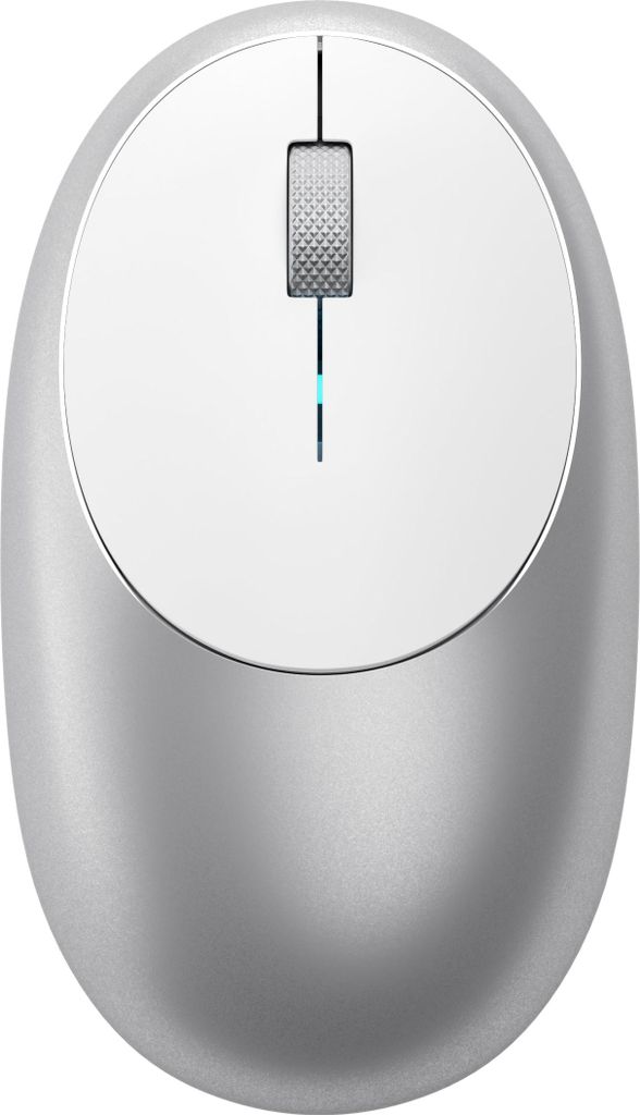 A top-down view of a silver and white wireless computer mouse against a white background.