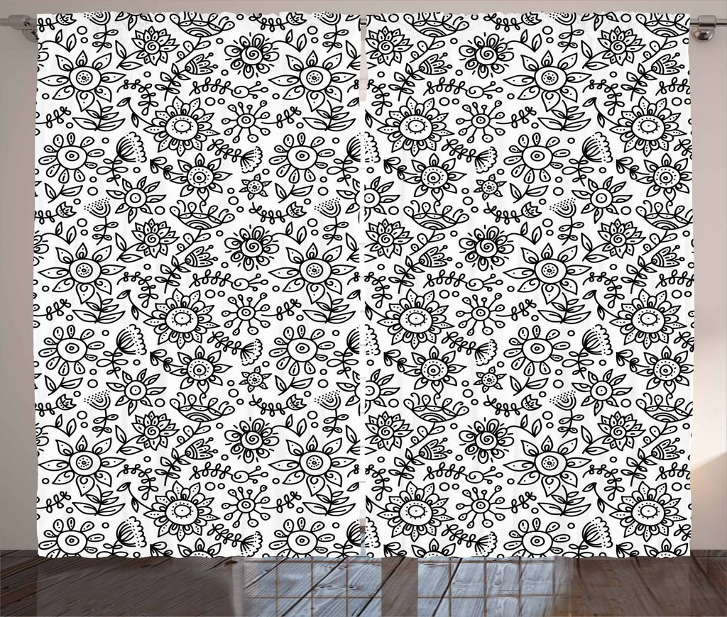 ABAKUHAUS Schwarz und weiß Rustikaler Vorhang, Blumenskizze, Wohnzimmer Universalband Gardinen mit Schlaufen und Haken, 280 x 245 cm, Weiß Schwarz