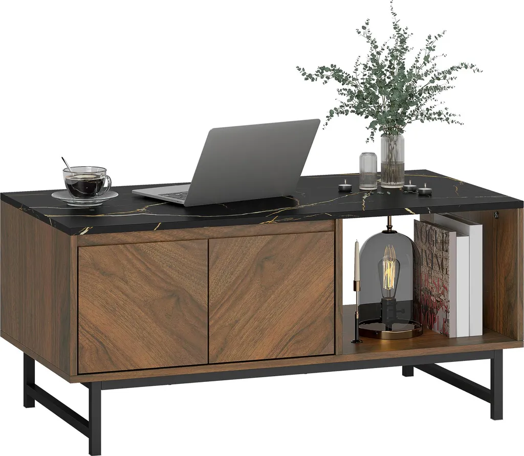 Table de Salon Moderne Effet Marbre et Bois de Noyer avec Portes