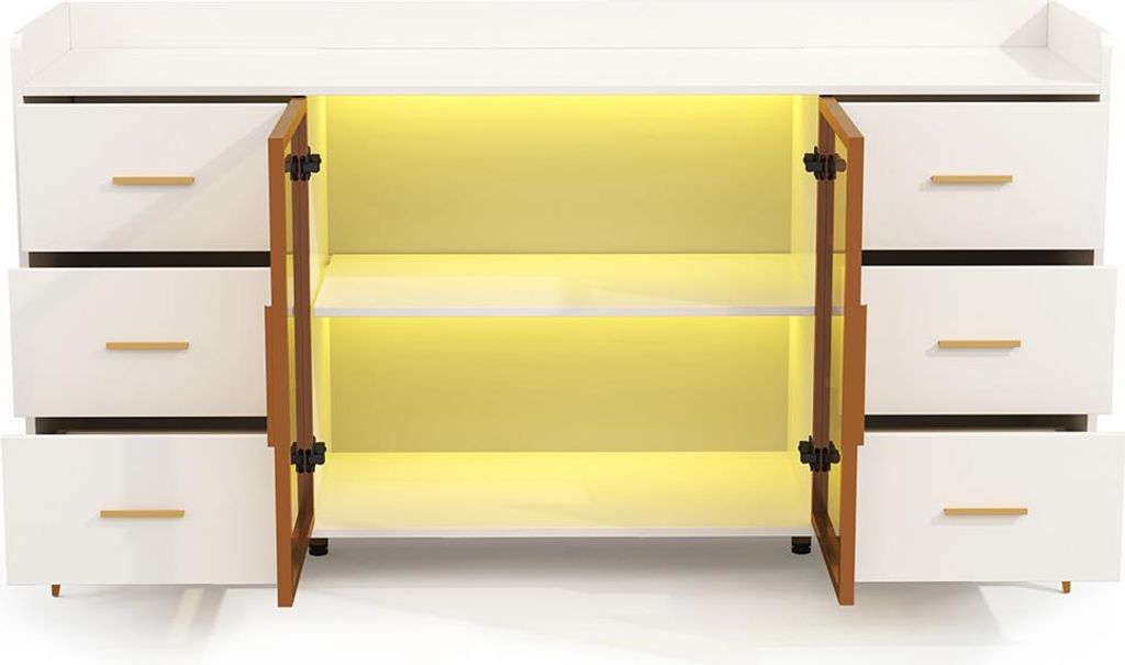 Sideboard mit LED-Beleuchtung und 6 Schubladen Buffetschrank Küchenschrank für Küche 160×44×87cm Weiß