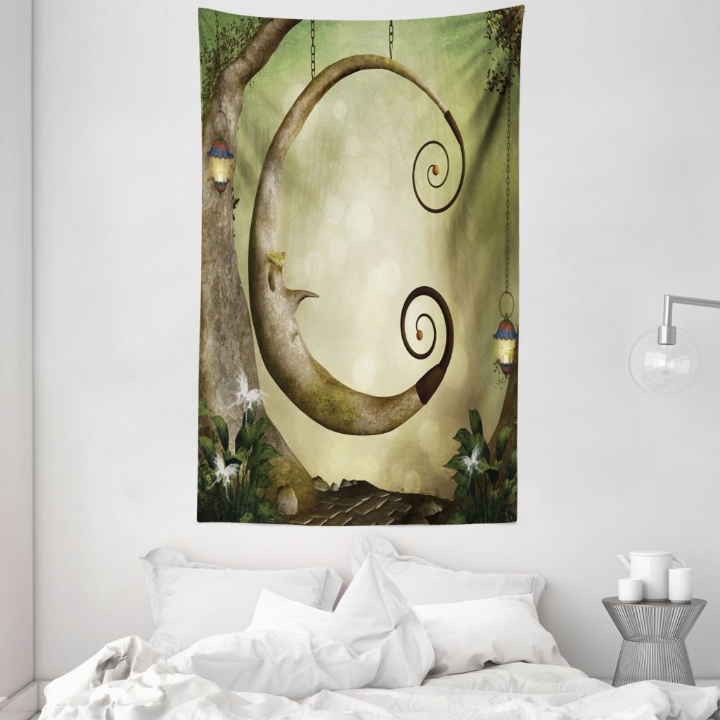 ABAKUHAUS Baum Wandteppich und Tagesdecke, Hängender hölzerner Crescent aus Weiches Mikrofaser Stoff Waschbar ohne Verblassen Digitaldruck, 140 x...