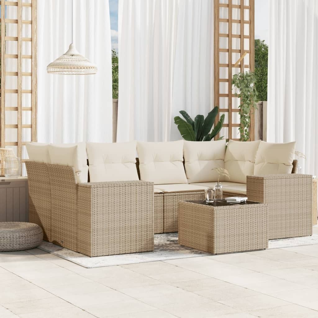 7-tlg. Garten-Sofagarnitur mit Kissen Beige Poly Rattan 3254655