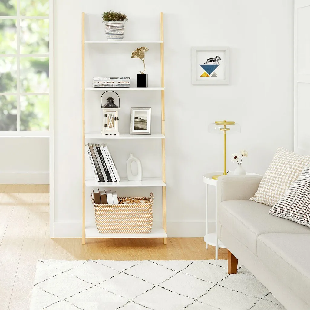 Bibliothèque échelle design 5 tablettes en bois blanc et bois clair - 4