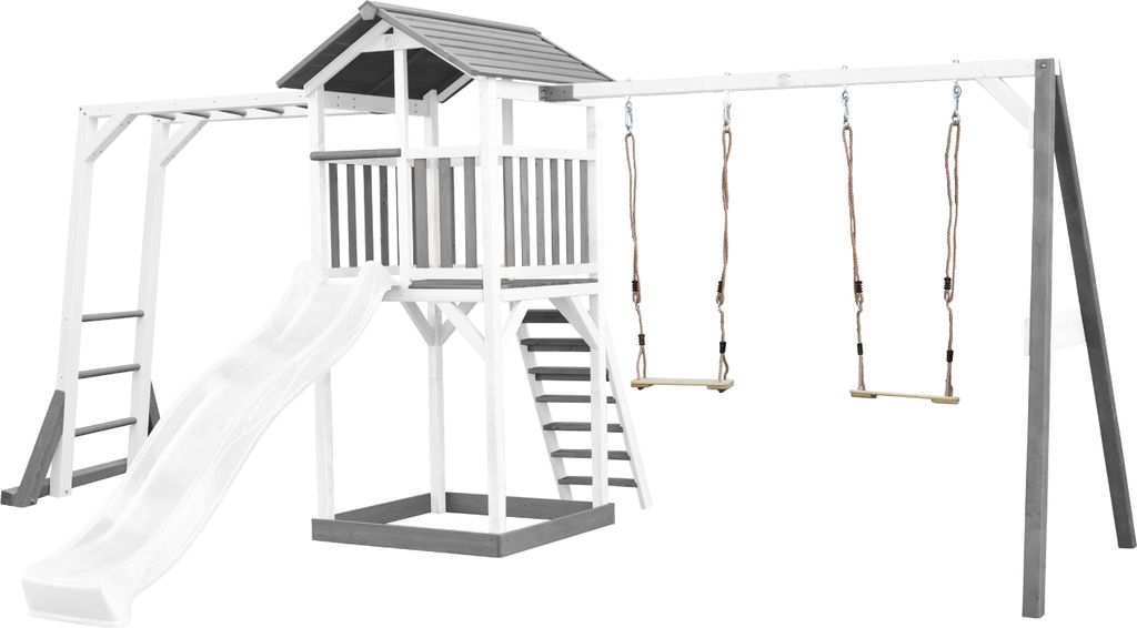 AXI Beach Tower Spielturm aus Holz in Weiß & Grau | Spielhaus für Kinder mit weißer Rutsche, Klettergerüst, Doppelschaukel und Sandkasten | Ste...