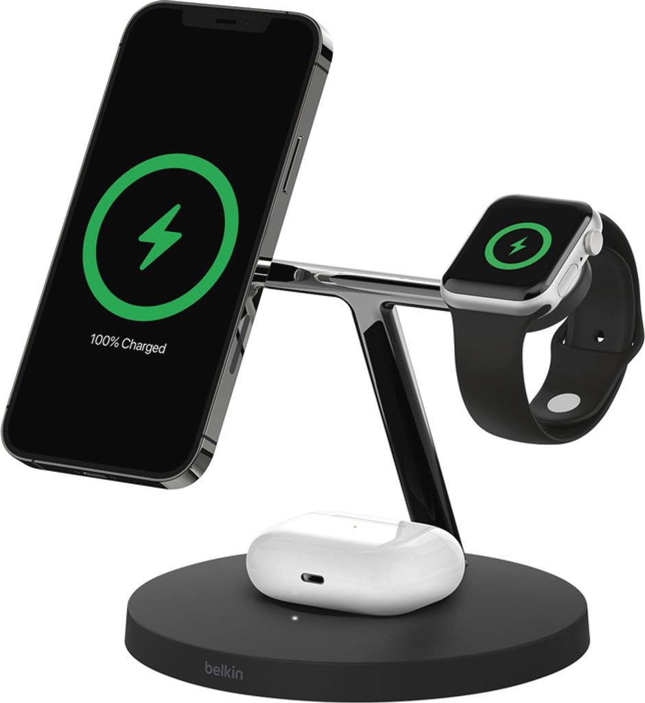 A Belkin 3-in-1 wireless charging stand with an iPhone, Apple Watch, and AirPods charging case.