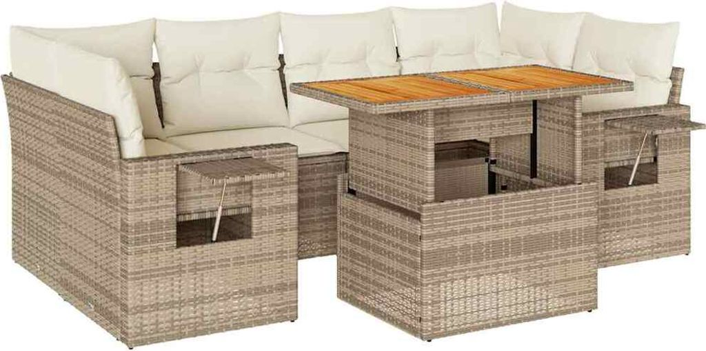 vidaXL 7-tlg. Garten-Sofagarnitur mit Kissen Beige Poly Rattan