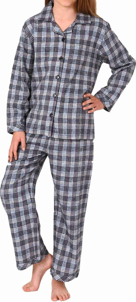 Mädchen langarm Flanell Schlafanzug Pyjama in Karo Optik zum durchknöpfen ; grau , 128