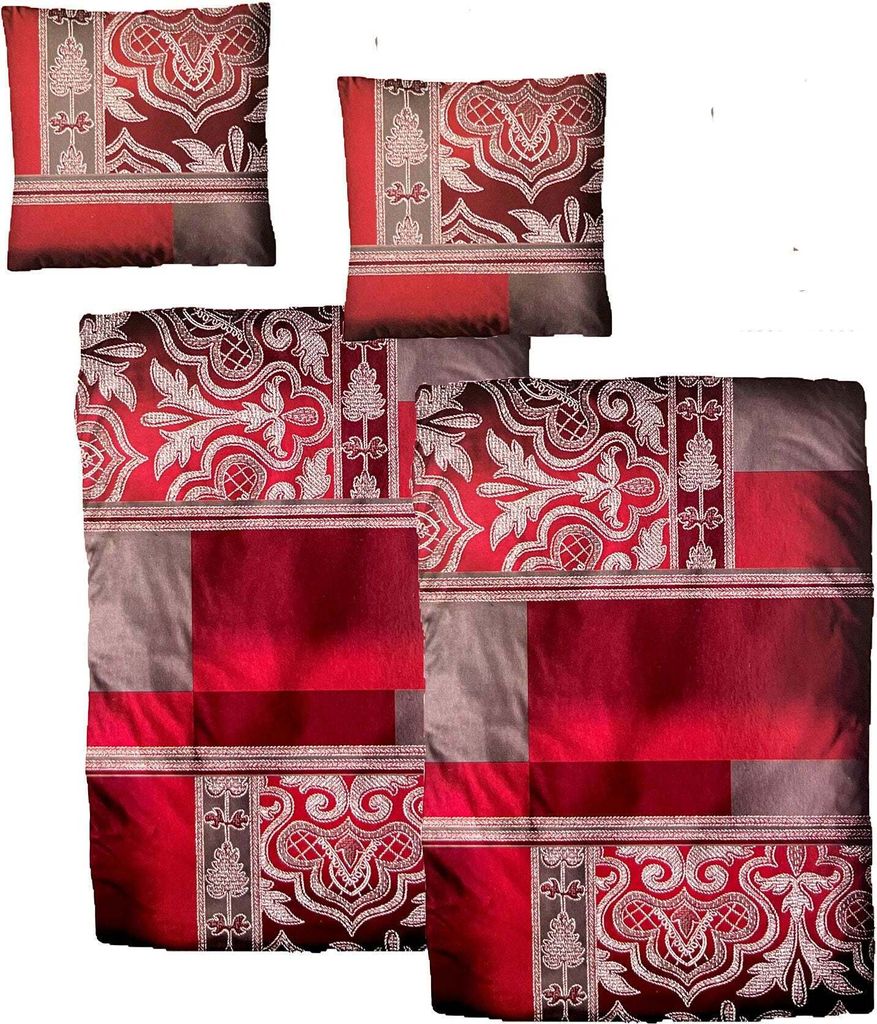 Baumwolle Satin Bettwäsche Ornamente Rot Grau 155x220 80x80: 4 tlg.