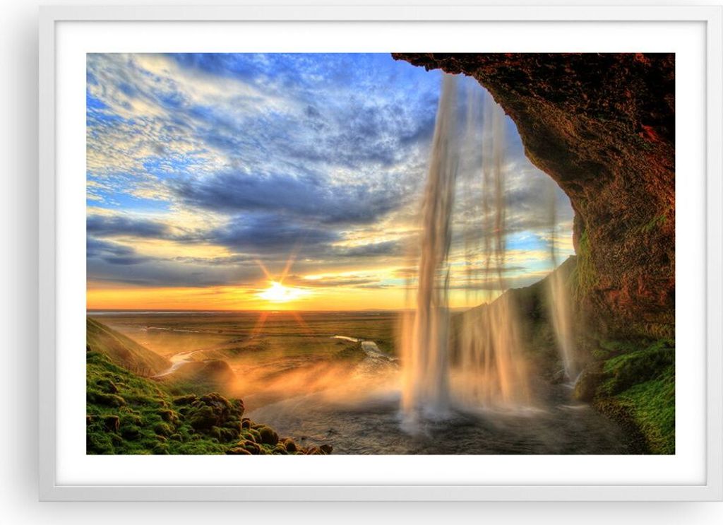 Gerahmtes Poster - Weißer Rahmen - Wasserfall Natur Park Sonne - 70x50 cm - Wand Bild - Wanddeko - Wandbilder - Wandposter - Bilderrahmen - Bilder...