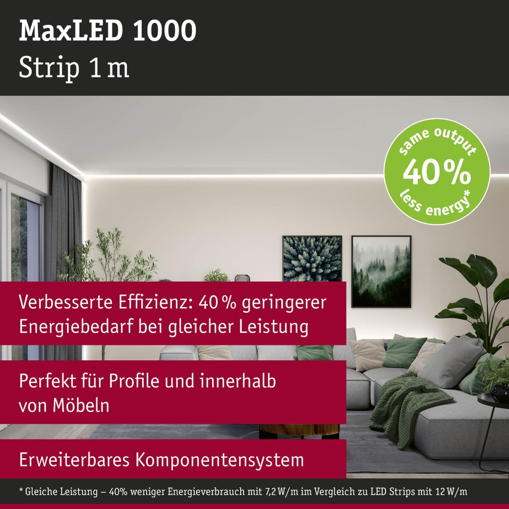 Paulmann MaxLED 1000 LED-Streifen, neutralweiß, nur 1 m lang, 7,2 W, 1100 lm/m, 128 LEDs/m, 4000 K