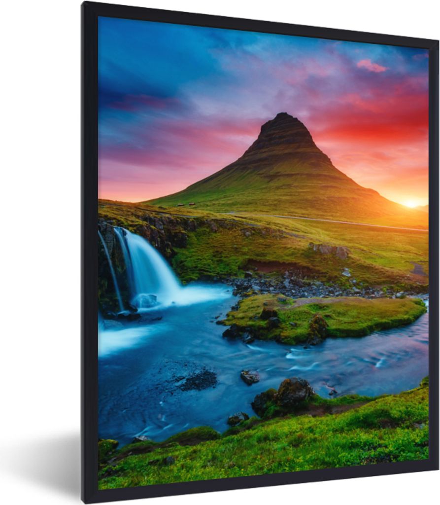MuchoWow Gerahmtes Poster Wasserfall - Berg - Moos - Sonnenuntergang - Natur 60x80 cm - Poster mit Schwarzem Bilderrahmen Wandposter Rahmen Foto ...