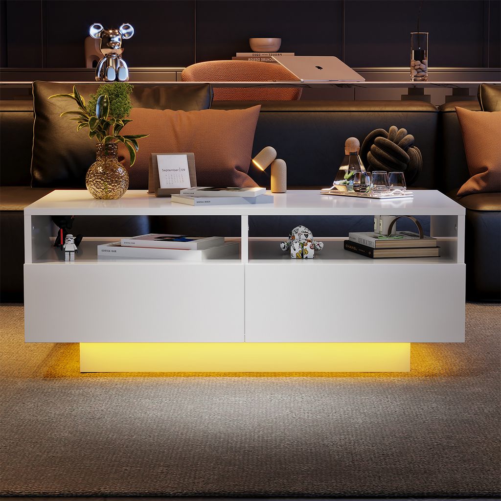 Couchtisch mit 4 Schubladen 16 Farben LED Lichter Sofatisch Wohnzimmertisch Beistelltisch für Wohnzimmer Schlafzimmer Weiß