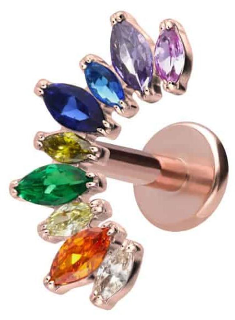 Ohrpiercing, Nasenpiercing Titan Labret mit Innengewinde BUNTER KRISTALLBOGEN RoséGold Stablänge: 6mm | Stabstärke: 1,2mm