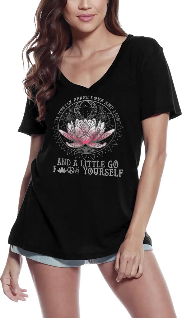 Damen Grafik T-Shirt V-Ausschnitt Ich bin meist Frieden Liebe und Licht Yoga-Meditation – I'm Mostly Peace Love And Light Yoga Meditation