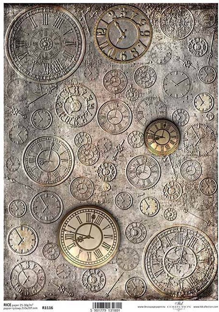 ITD Reispapier Decoupage Bastelpapier Serviettentechnik-R1116 - A4 Uhren Uhr, Zifferblatt, Zifferblatt, Zeiger, Stunden, Retro, Vintage, Steampunk