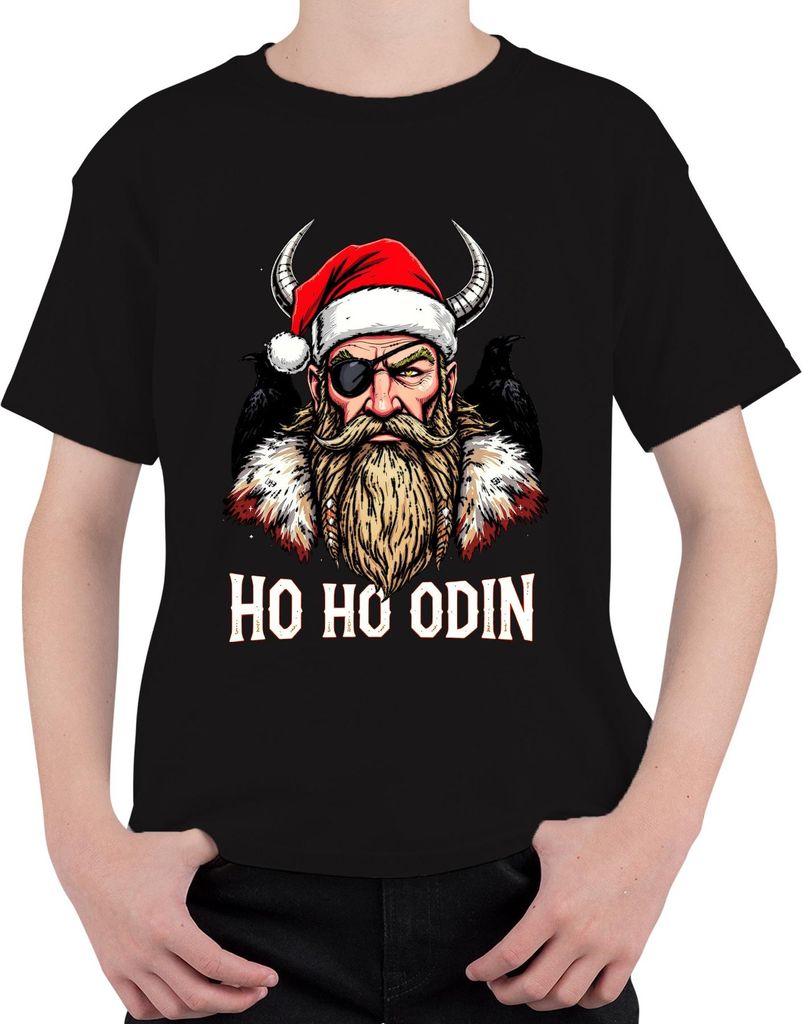Ho Ho Odin Wikinger Weihnachtsmann Bart Augenklappe Hörner Raben Uni Kinder T-Shirt, Schwarz, 116