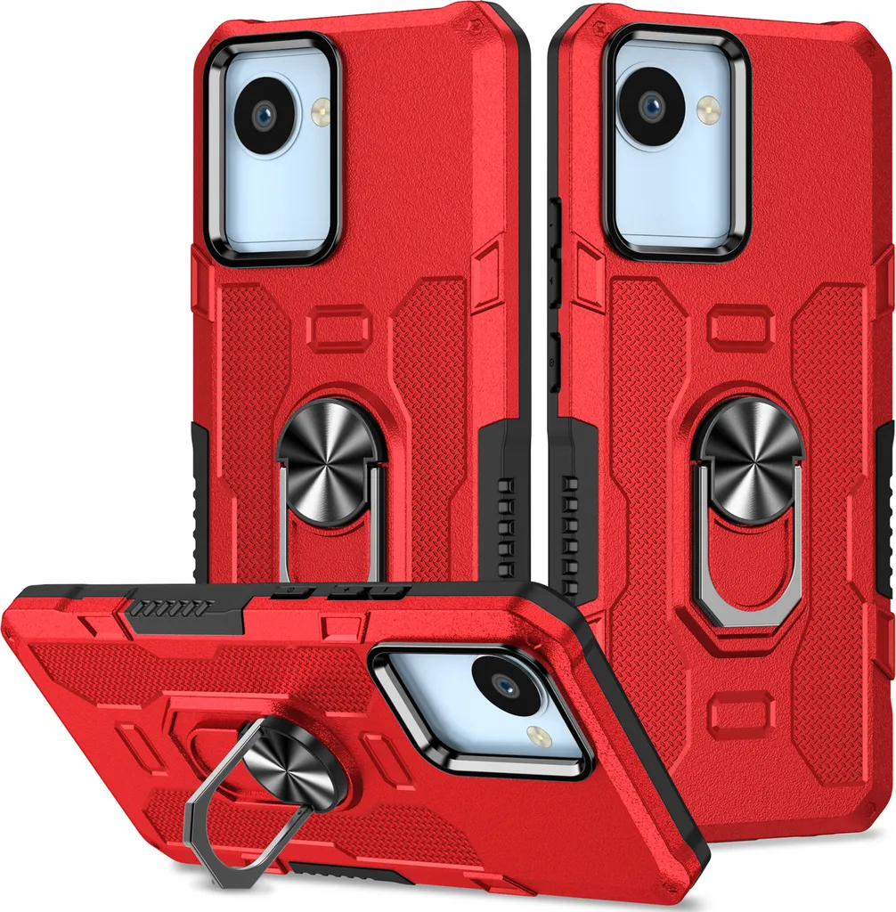 Custodia Realme C30, resistente custodia a doppio strato con supporto ad anello e supporto per OPPO Realme C30 rosso