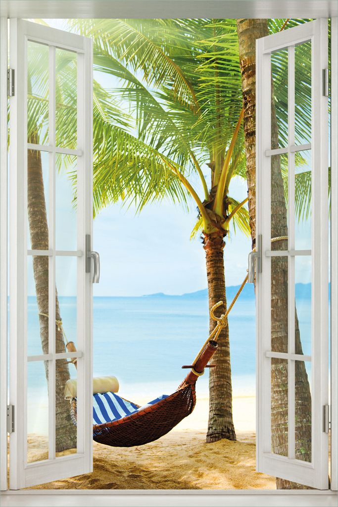 Wallario Poster mit Fenster-Illusion: Hängematte in der Karibik, Größe: 100 x 150 cm