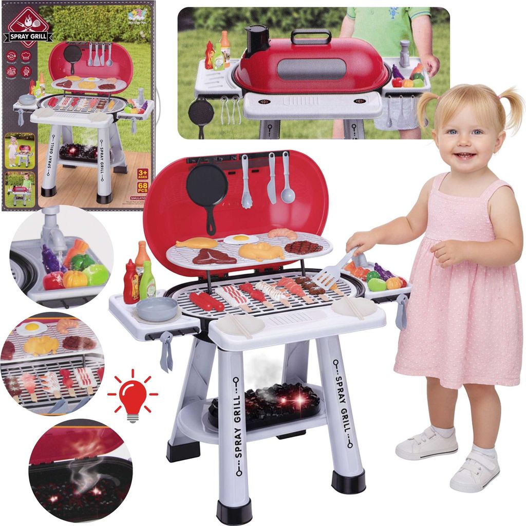 GRILL mit Deckel für Kinder + 68 Zubehörteile, Barbecue-Spielzeug mit Sprühfunktion, XL Gartenspielzeug