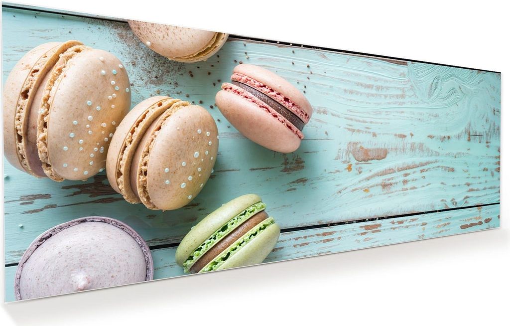 Glasbild 150x60cm in XXL für Wohnzimmer, Schlafzimmer Motiv Macarons auf Holz