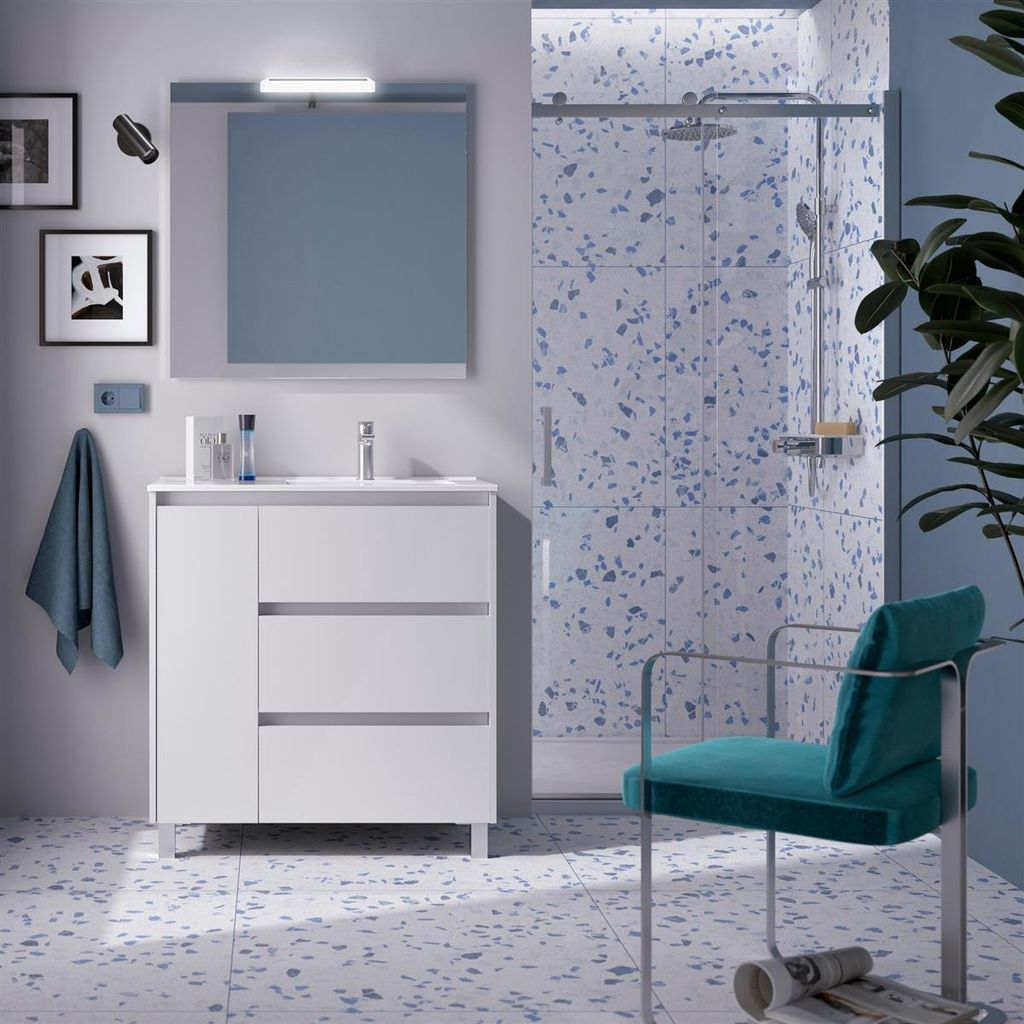 Noja Komplett-Set 850 3 Schubladen und 1 linke Tür WHITE GLOSS + Waschtisch + Spiegel + Leuchte