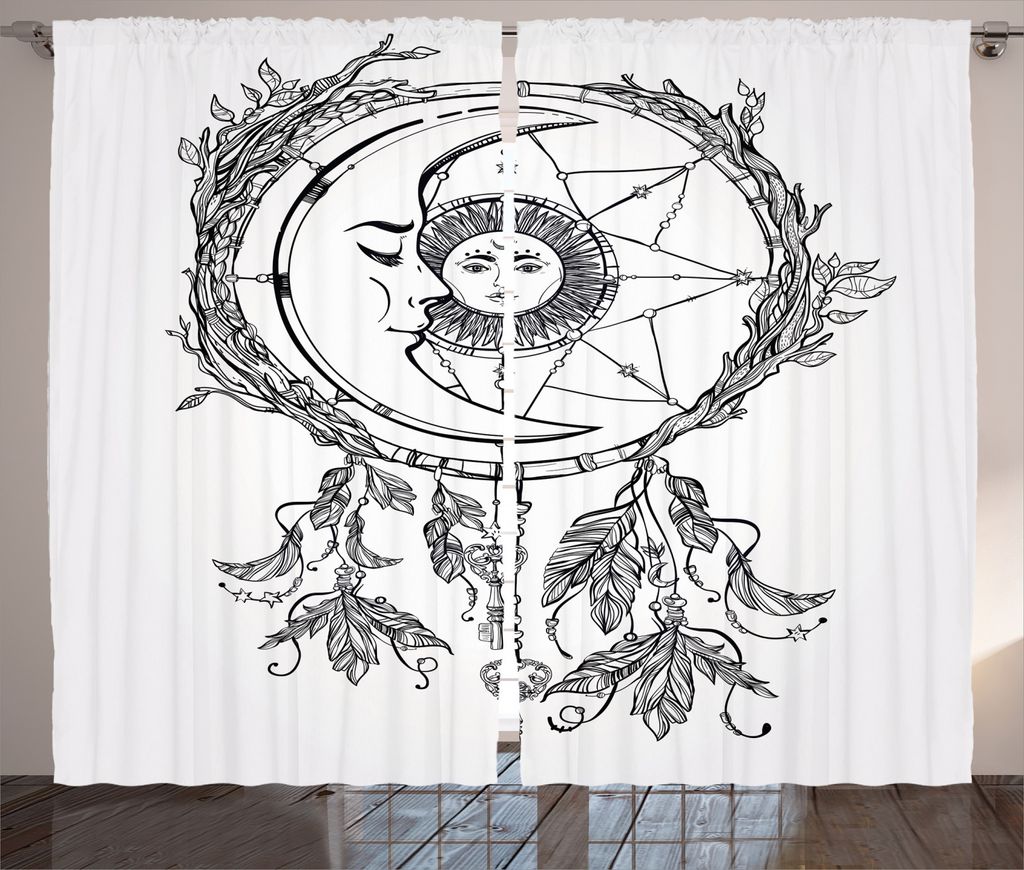 ABAKUHAUS Stammes Rustikaler Vorhang, Traumfänger Mond, Wohnzimmer Universalband Gardinen mit Schlaufen und Haken, 280 x 245 cm, Weiß Schwarz